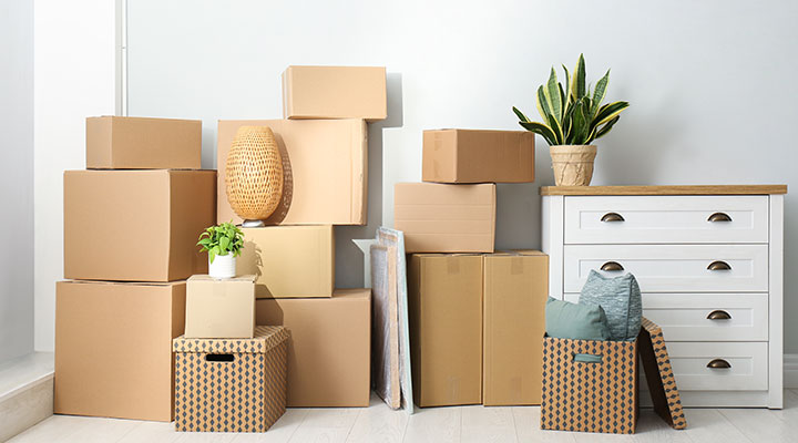 living full of boxes for downsizing home